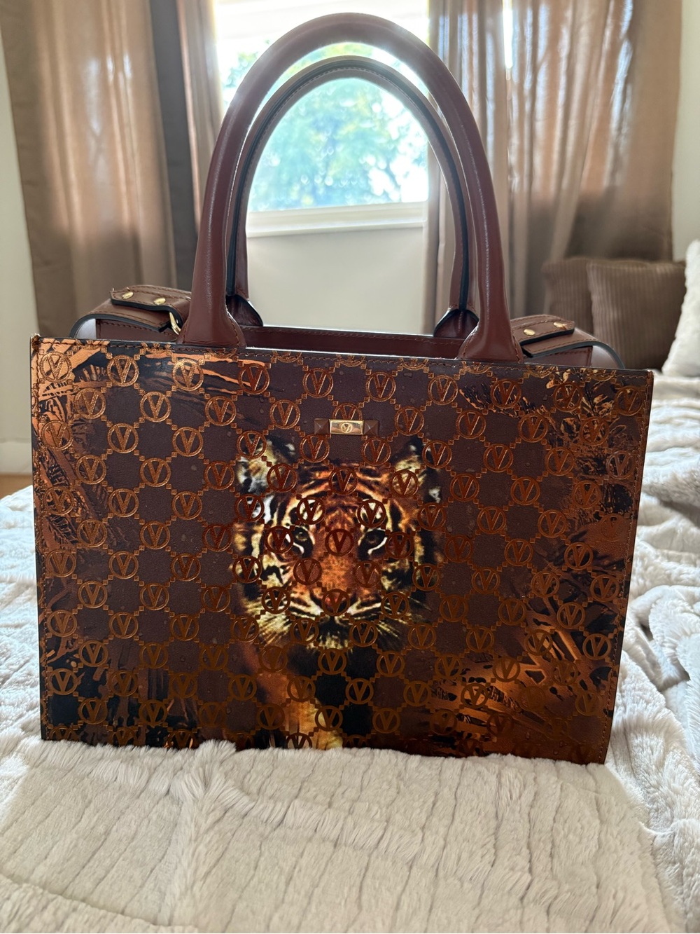 Mario Valentino Brown and Gold Tiger Tote
